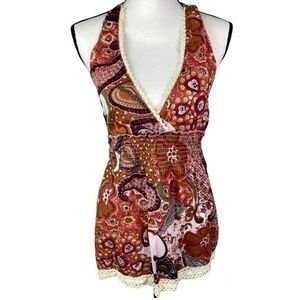 Angie Halter Top Juniors Size Large Bohemian Paisley Floral Print Deep V Neck